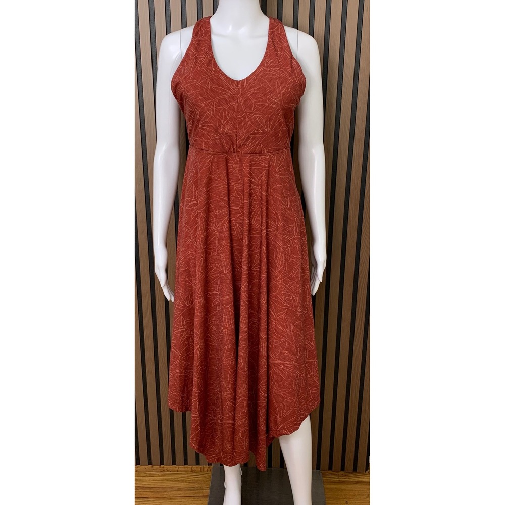 Prana Quinn Women's Handkerchief Hem Dress Rust Orange Leaf Built-in Bra M